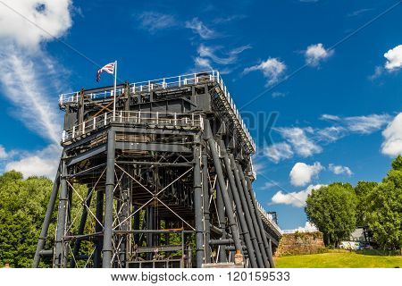 The Anderton Boat Lift which raises narrowboats between River Weaver the Trent and Mersey Canal. England United Kingdom.