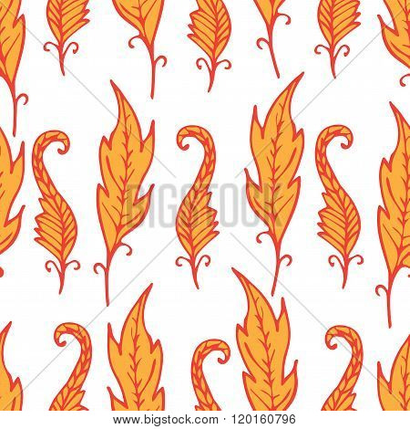 Repeating Floral And Feather Pattern. Seamless Texture With  Bright Orange Leaves On White Backgroun