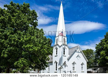 U.S.A., Illinois, Route 66, Dwight, the bell tower of the Carpenter Gothic church.