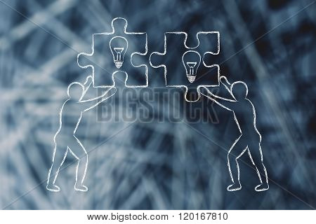 People With Matching Pieces Of Puzzle With Lightbulbs, Sharing A Project