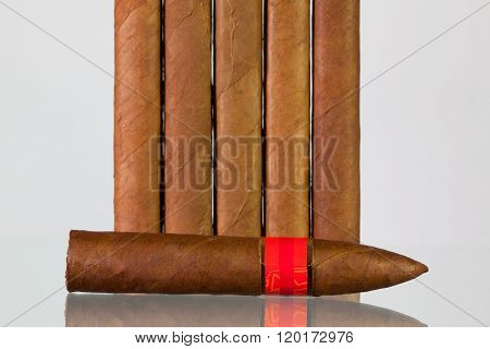 Different cigars on a glass table and white background