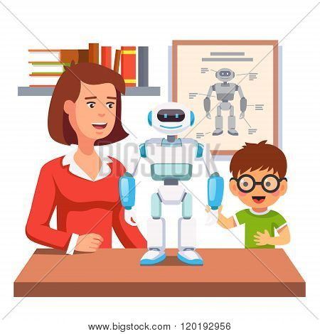 Student learning robotics with teacher and robot