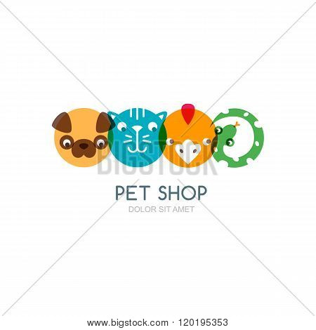 Colorful Flat Icons Of Dog Head, Cat Muzzle, Bird And Snake.