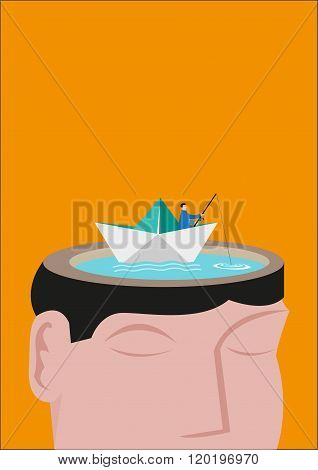 A Fisherman Riding a Paperboat Floats on a Head Made of a Lake. Editable Clip Art.