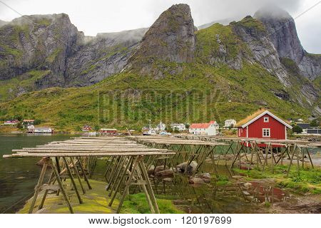 Hjell, wooden stockfish frames in Reine, Norway