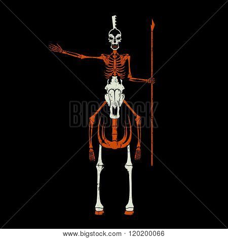 Grunge Skeleton In Spartan Helmet With Spear On The Horse