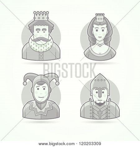 King in crown, royal person, queen, princess, court jecter, knight warrior. Set of character, avatar