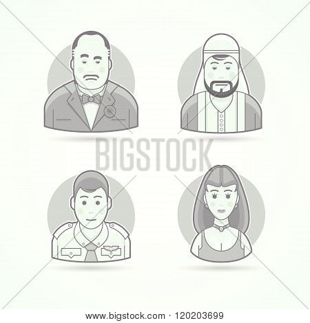 Italian mafiosi, Arabian sheikh, second pilot, beautiful woman model. Set of character, avatar and p