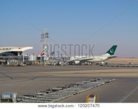 Riyadh - March 01:  Planes preparing for take off at Riyadh King Khalid Airport on March 01, 2016 in Riyadh, Saudi Arabia. Riyadh airport is home port for Saudi Arabian Airlines.