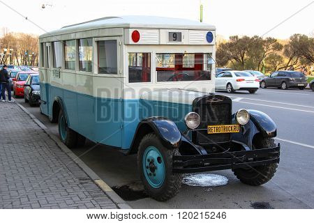 The vintage bus ZIS-8, model 1934, on the street, after the celebration of victory day