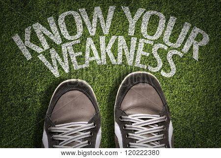 Top View of Sneakers on the grass with the text: Know Your Weakness