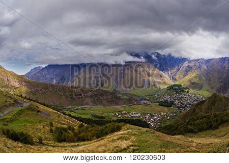 Wide View On Stepantsmidna Village From Gergetti, Georgia