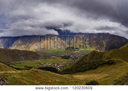 Wide View On Stepantsmidna Village From Gergetti, Georgia