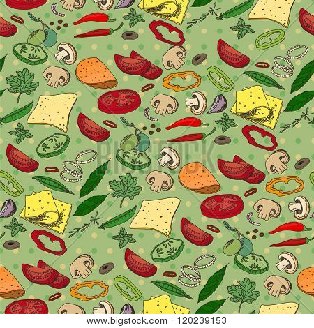 Seamless pattern with different vegetables, cheese and meat. Endless texture for your design, announcements, fabrics, cards, posters, restaurant and cafe menu.