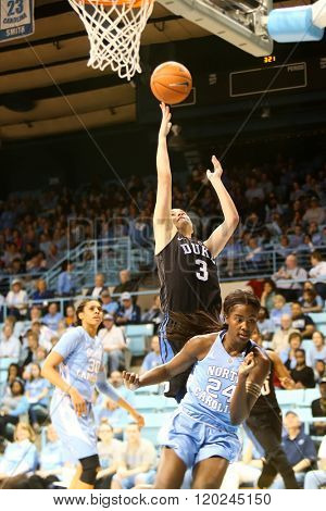 CHAPEL HILL, NC-FEB 28: Duke Blue Devils guard Angela Salvadores (3) goes up for a shot against the University of North Carolina Tar Heels on February 28, 2016 at Carmichael Arena.