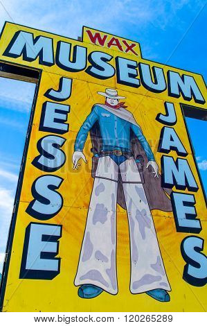 Stanton. U.S.A. - May 18. 2011: Missouri. Route 66, the Jesse James museum sign.