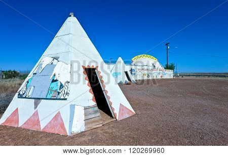 Meteor City, U.S.A. - May 24, 2011: Arizona, huts in a roadside attrction on the Route 66.