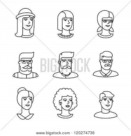 Human faces icons thin line art set
