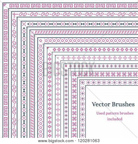 Brush with external and internal corners. Patterns embroidered cross on the canvas. Cross-stitch. Used brushes are included. Vector illustration.