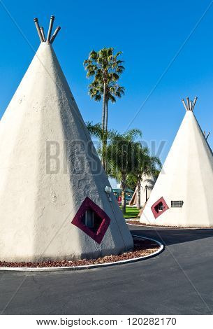 Rialto U.S.A. - May 28 2011: California,the typical American Indians huts in  the Wingwam hotel on the Route 66.