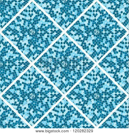 Abstract seamless pattern. Blue mosaic tiles. The geometric shape. A symmetrical rhombus. Vector illustration.