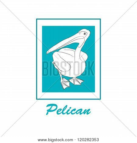 Pelican. Bird icon. The logo of the Pelican. Hand drawn vector. Turquoise frame. A bird with a large beak. Sketch illustration.