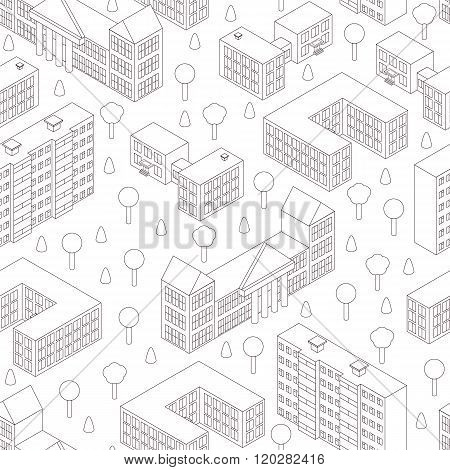 Isometric seamless pattern. Linear style. The contours and outlines of buildings schools universities. The trees and bushes. Seamless background. Veterna illustration.