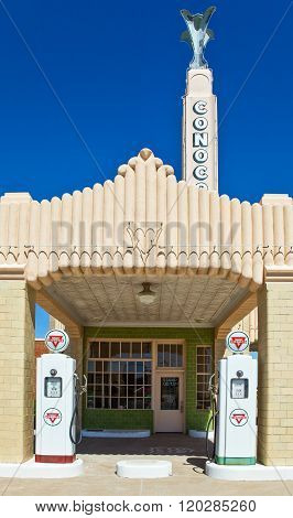 Shamrock, U.S.A. - May 20, 2011: Texas, the restored Magnolia gas station on the Route 66.