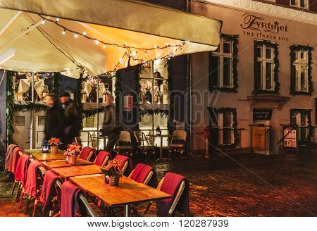 Famous Fyrtojet Restaurant On The Border Of Nyhavn Canal At Night