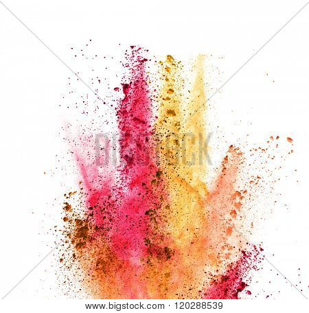 Explosion of colored powder on white background