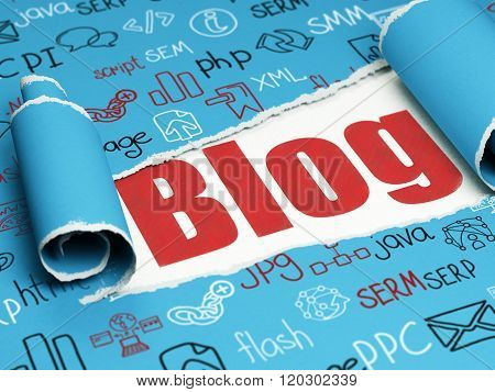 Web development concept: red text Blog under the piece of  torn paper