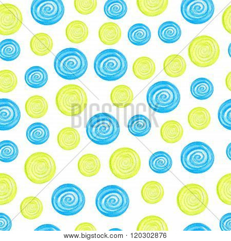 Watercolor seamless pattern of blue and green circles randomly distributed. Vector abstraction illustration. Hand-drawn multicolored elements on white background