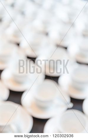Abstract Blurred Photo Of New Set Coffee Cup Preparing For Conference Breaking Time.