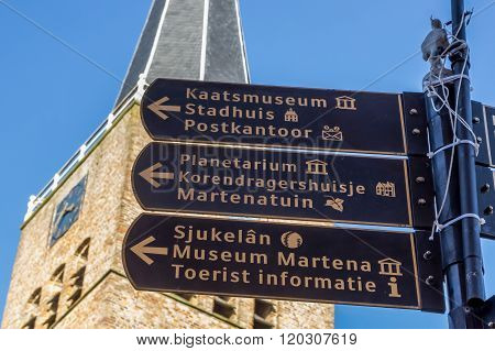 Tourist Sign In Front Of The Martini Church In Franeker