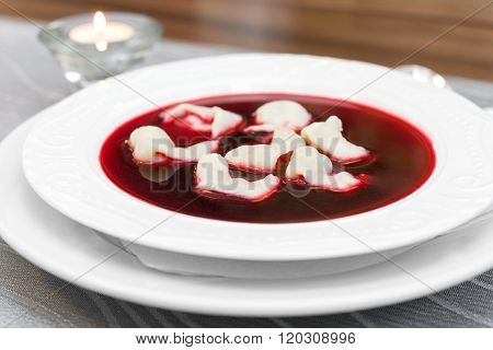 Traditional Polish Beetroot Soup With Dumplings (red Borsch)