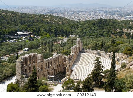 The Odeum theater at the bottom of the sacred rock of the Acropolis in Athens on South side was constructed in the 2nd century AD (160-174)
