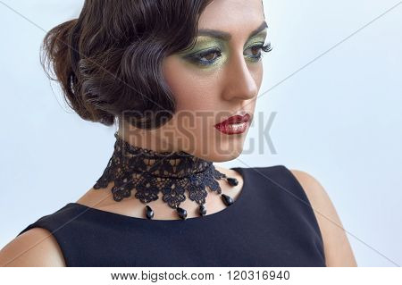 Retro Fashion Elegant Woman, Classic Black Dress, 1920S, Glam Hairstyle