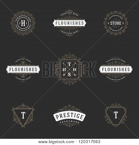 Royal Logos Design Templates Set. Flourish calligraphic elegant ornament lines.