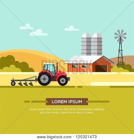 Farming and Agriculture Background with Windmill Tractor and Barn Agribusiness
