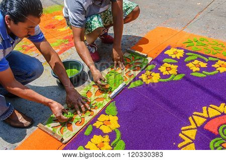 Making Dyed Sawdust Holy Week Carpet, Antigua, Guatemala