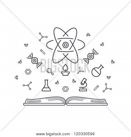 Science Concept Knowledge Base - Open Book With Chemical And Physical Elements Of Energy, Dna, Micro
