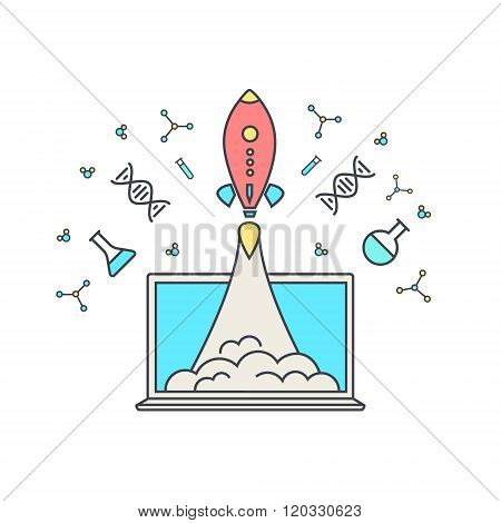 Line Style Flat Design Of Power Of Knowledge, Discovery, Learning Process, Self Education In Applied