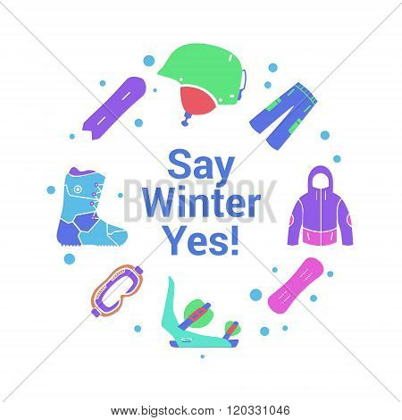 Winter activity and equipment flat icons on circle background. Snowboard jacket, board, helmet, boot