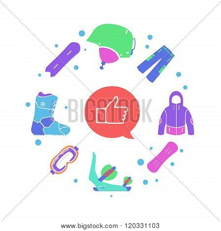Creative winter sport infographic, flat snowboarding elements and tools of helmet, mask, jacket, boo