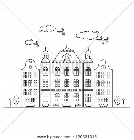 Line little town. Linear cityscape with old townhouses, small town street with building facades line