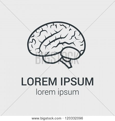 Vector outline illustration of human brain on gray background. Single logo with graphic illustration