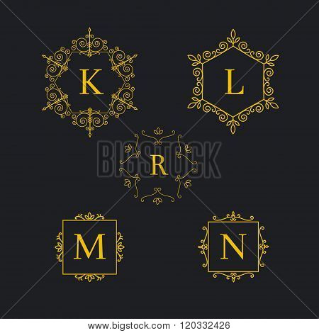 Set art deco luxury classic linear monochrome golden minimal hipster geometric vintage vector monogr
