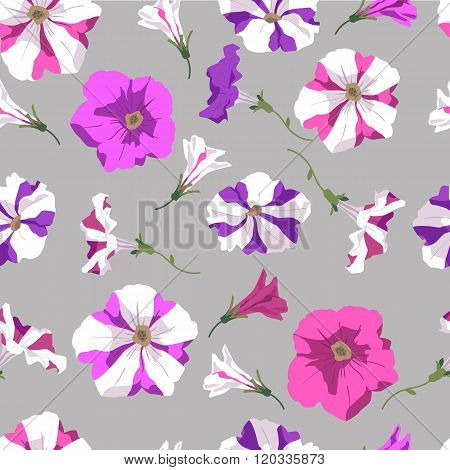 Background of pink, violet and two-colored petunia flowers and buds freehand drawing. Seamless pattern. Vector illustration