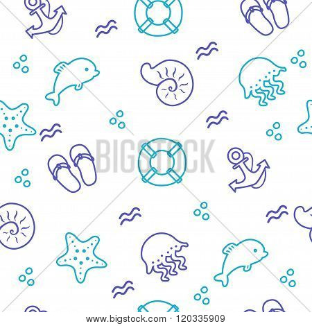 Background of blue and turquoise beach drawing objects by hand. Contour seashells and starfish, vector
