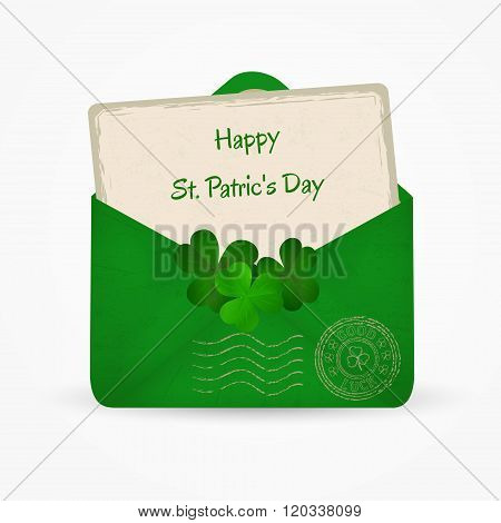 Happy St. Patrick Day green envelope with stamp and clower. Vector illustration.